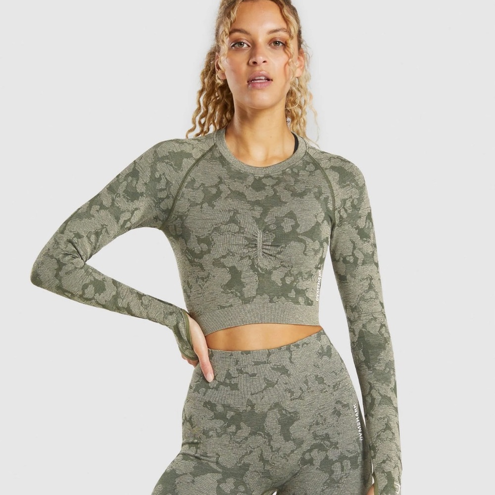 Gymshark Green Camo Long Sleeve Crop Top